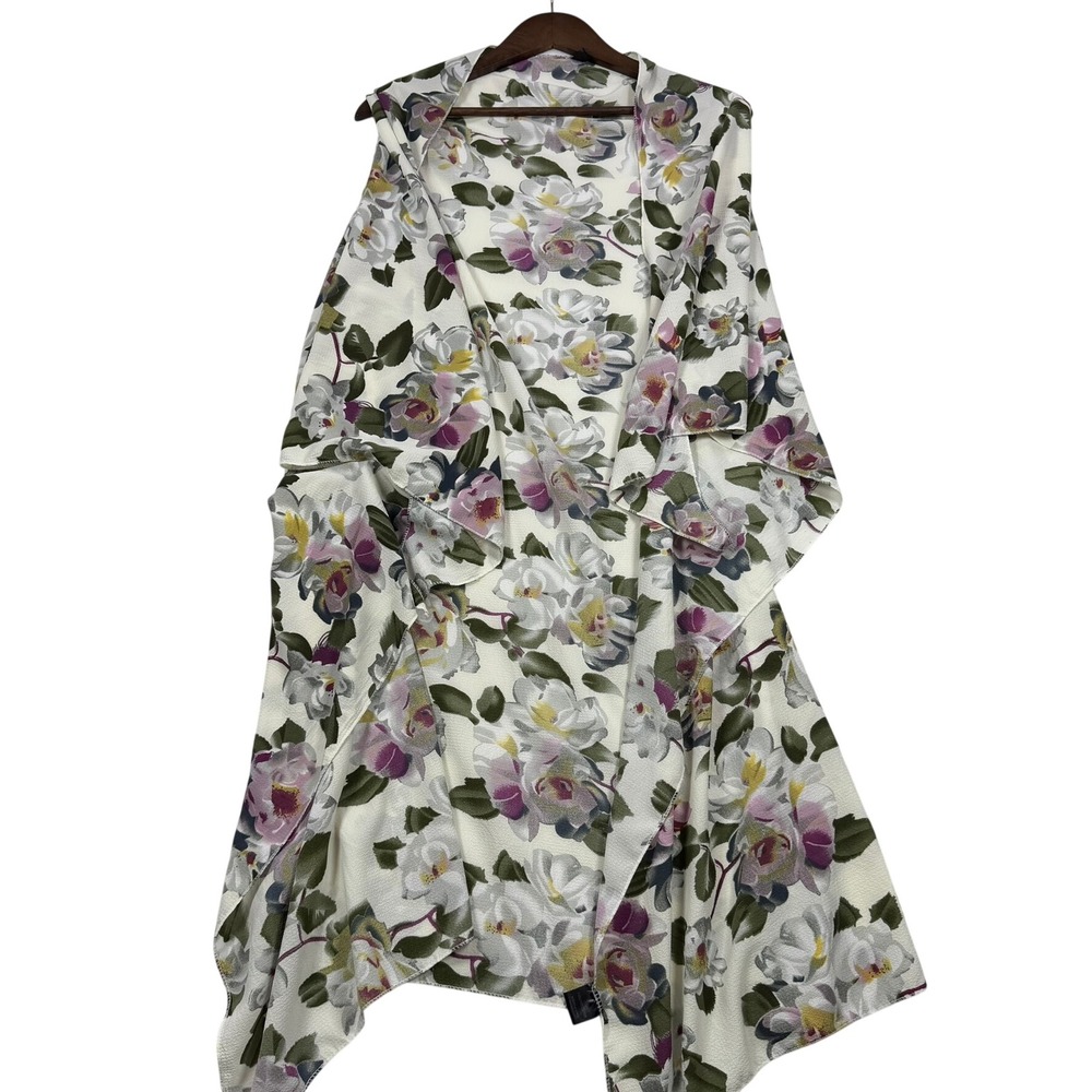 Floral Draped Kimono Open Longline Sleeveless Cardigan One Size White Purple